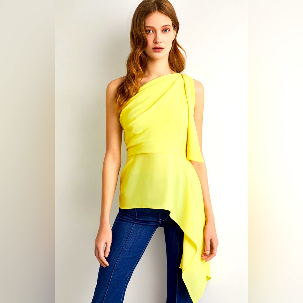 BCBGMAXAZRIA Designer Yellow Draped One Shoulder Flowing Fabric Top